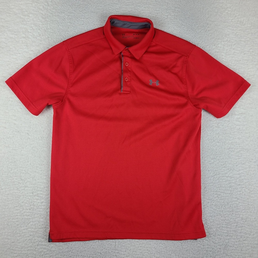 Under Armour Polo Shirt Mens Medium Red Striped Performance Tech Loose Heatgear